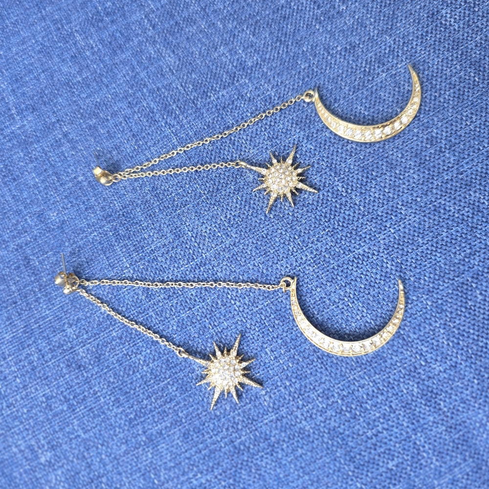 Gold Tone Crescent Moon and Star Earrings